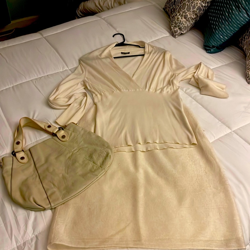 Winter white outfit Express top. Vera Wang bag. Armani exchange skirt.